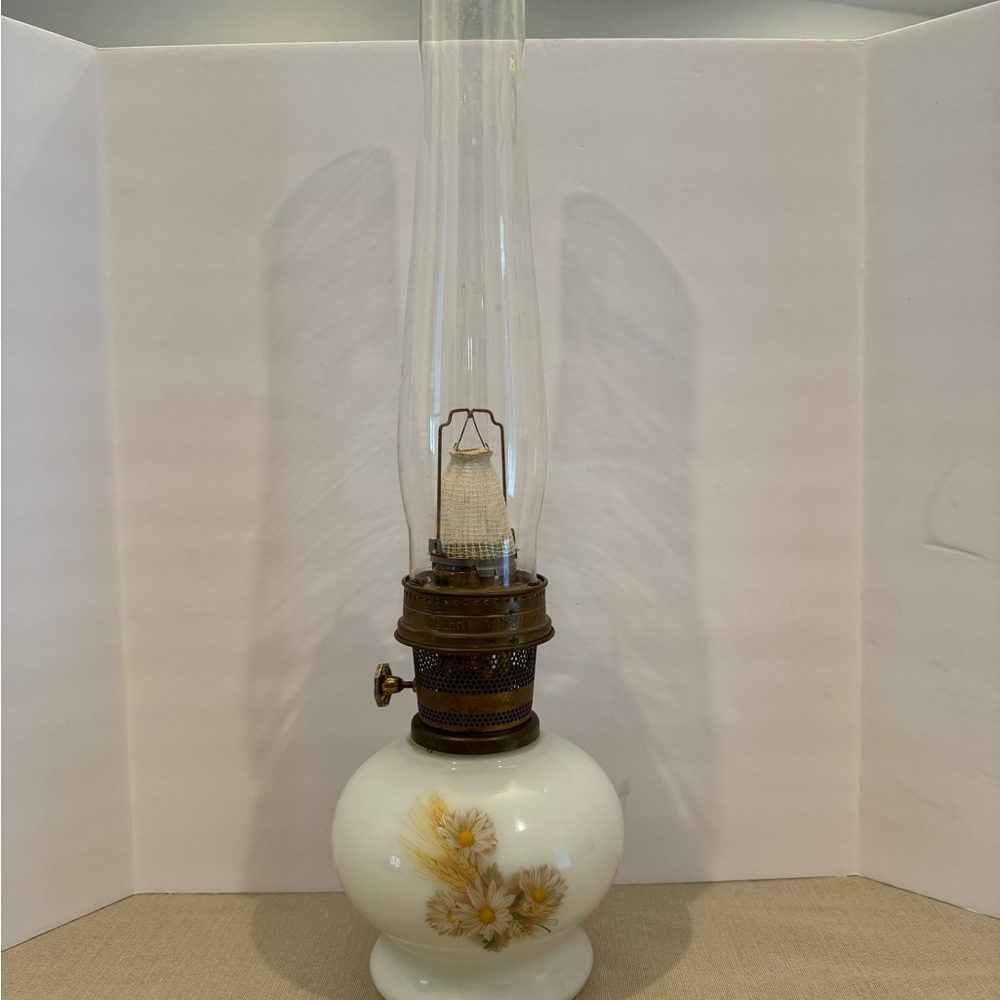 Vintage 1970s Aladdin Kerosene Lamp #23 Milk Glass Wheat & Daisy Tall Chimney